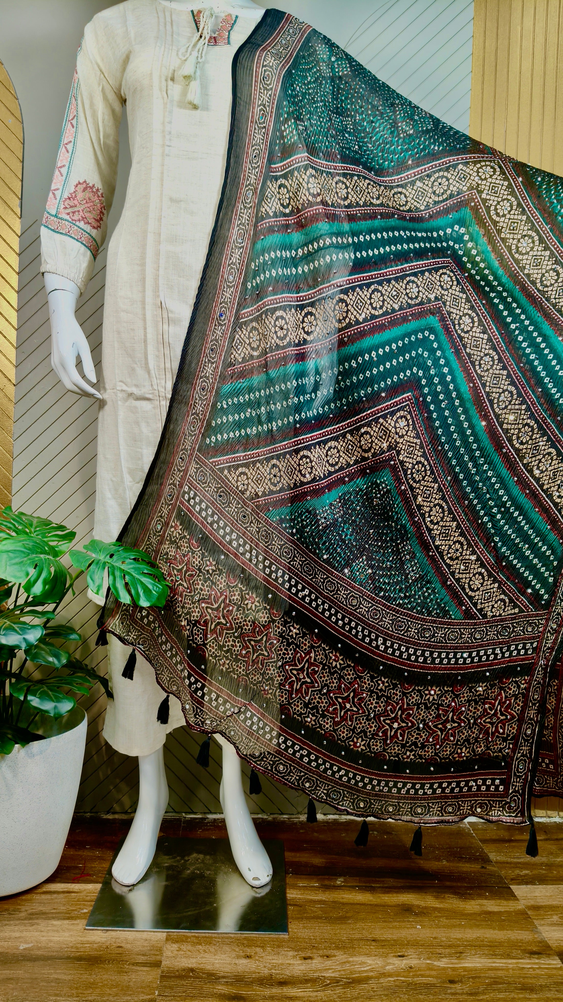 Ajrakh crush Georgette Mirror work Dupatta | DUPA1212