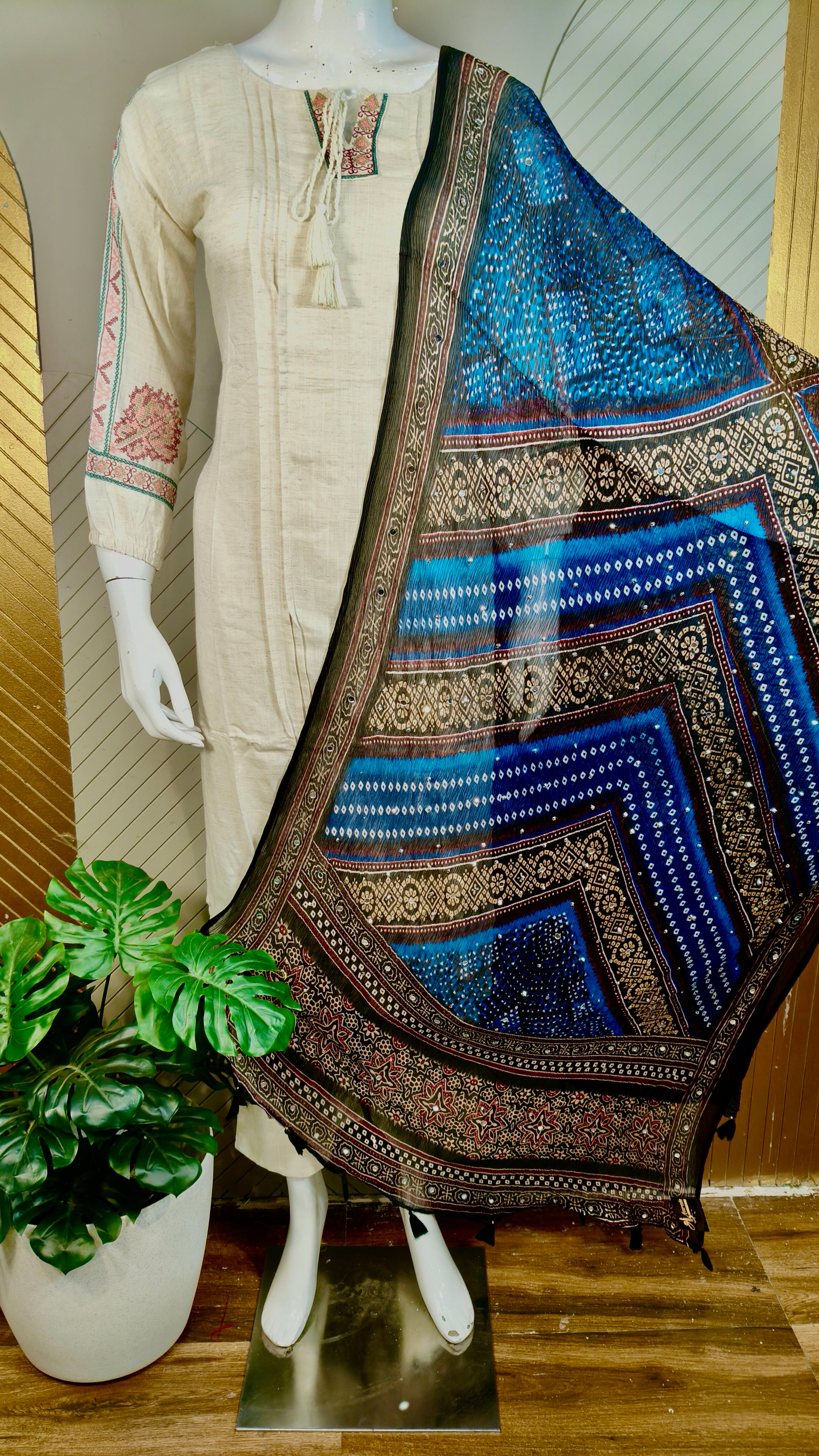 Ajrakh crush Georgette Mirror work Dupatta | DUPA1212