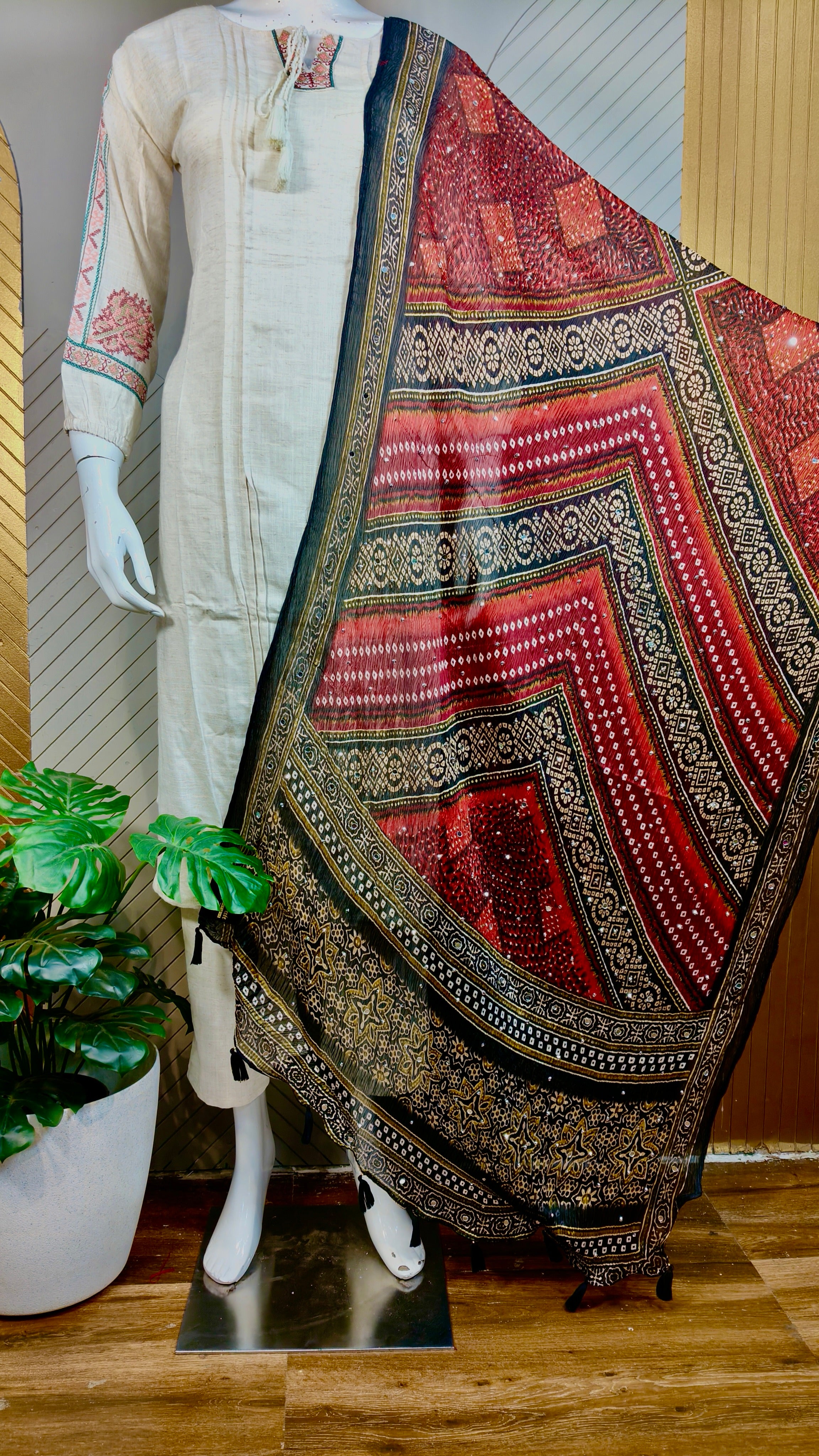 Ajrakh crush Georgette Mirror work Dupatta | DUPA1212