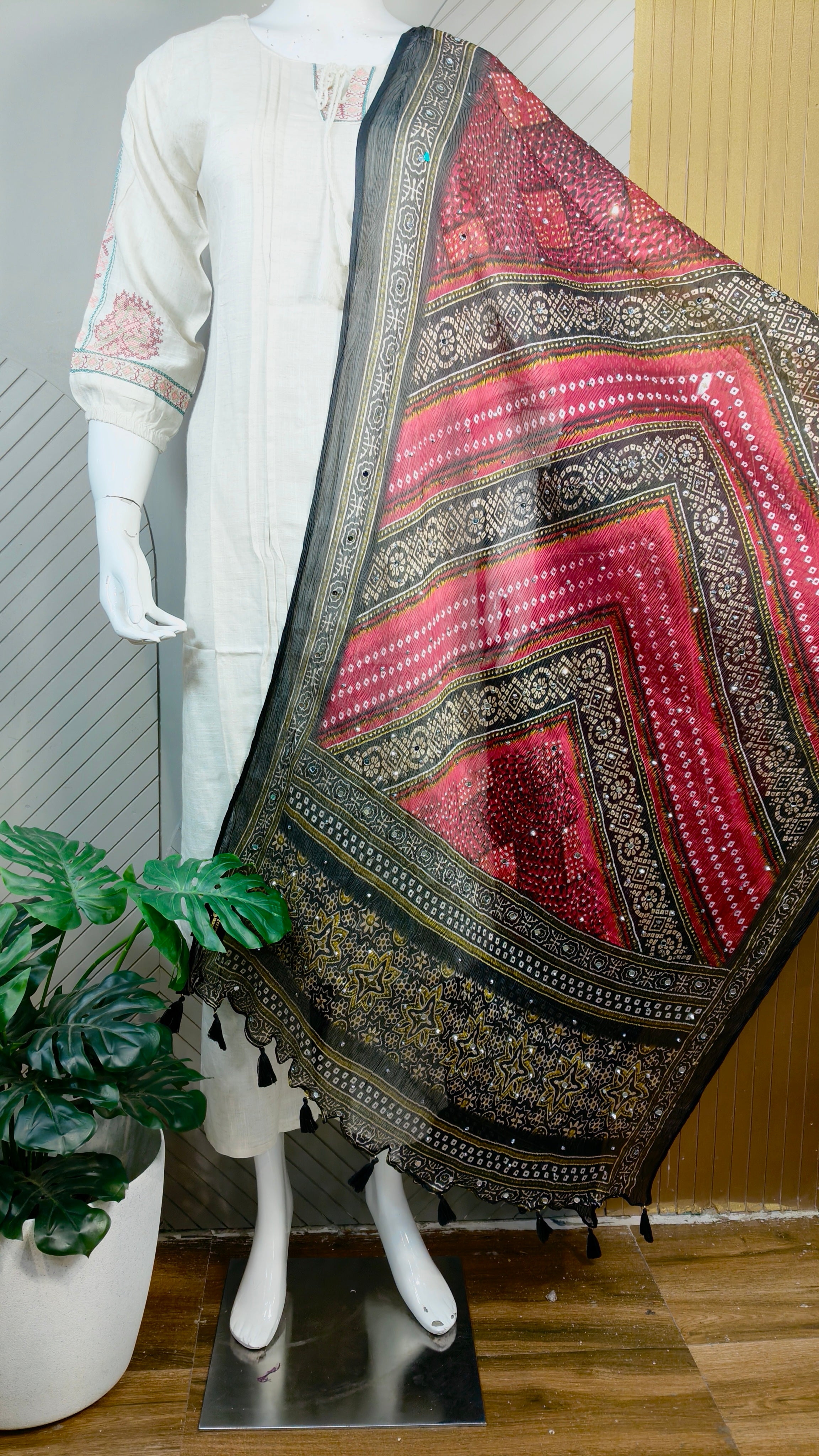 Ajrakh crush Georgette Mirror work Dupatta | DUPA1212