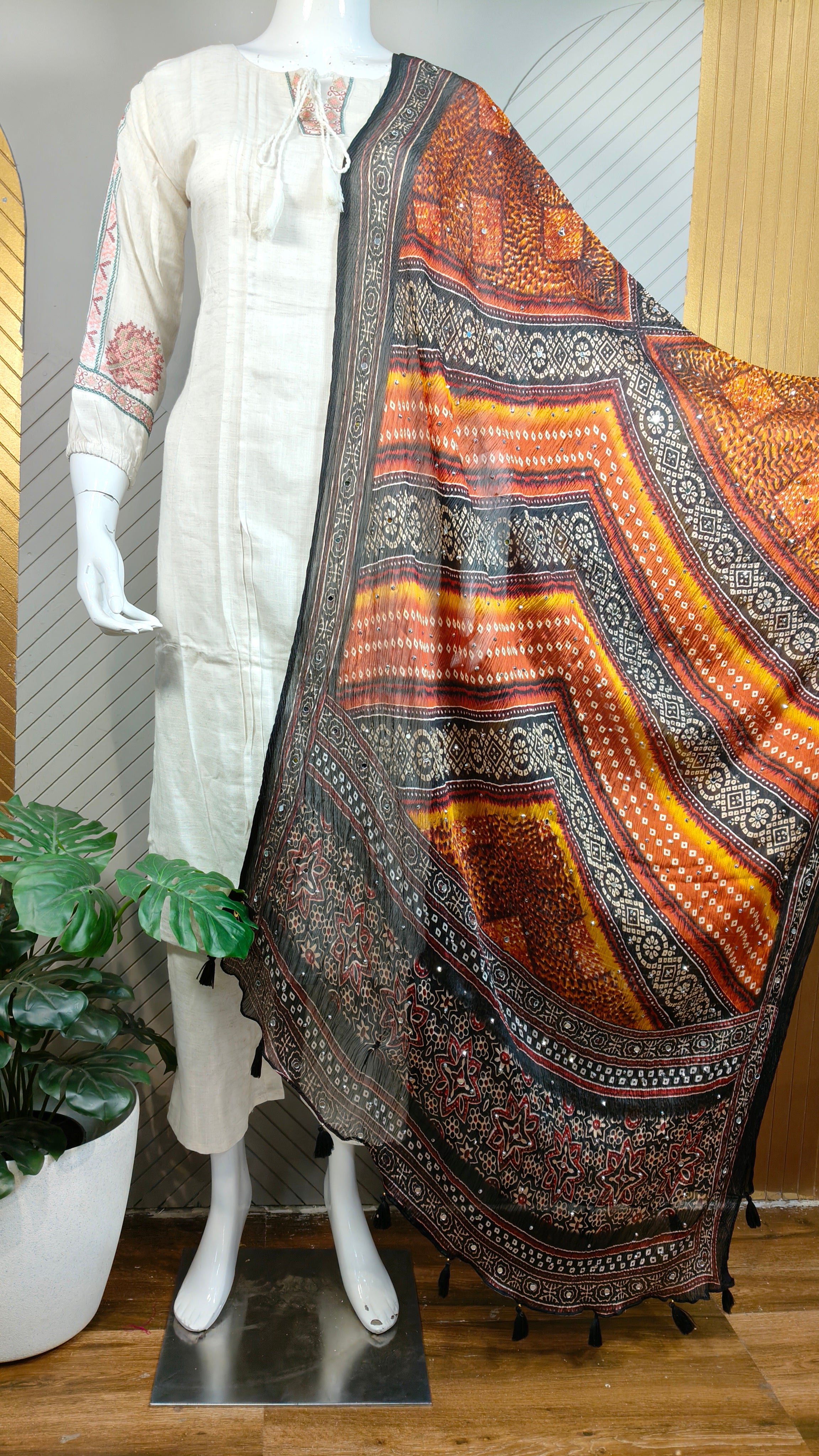 Ajrakh crush Georgette Mirror work Dupatta | DUPA1212