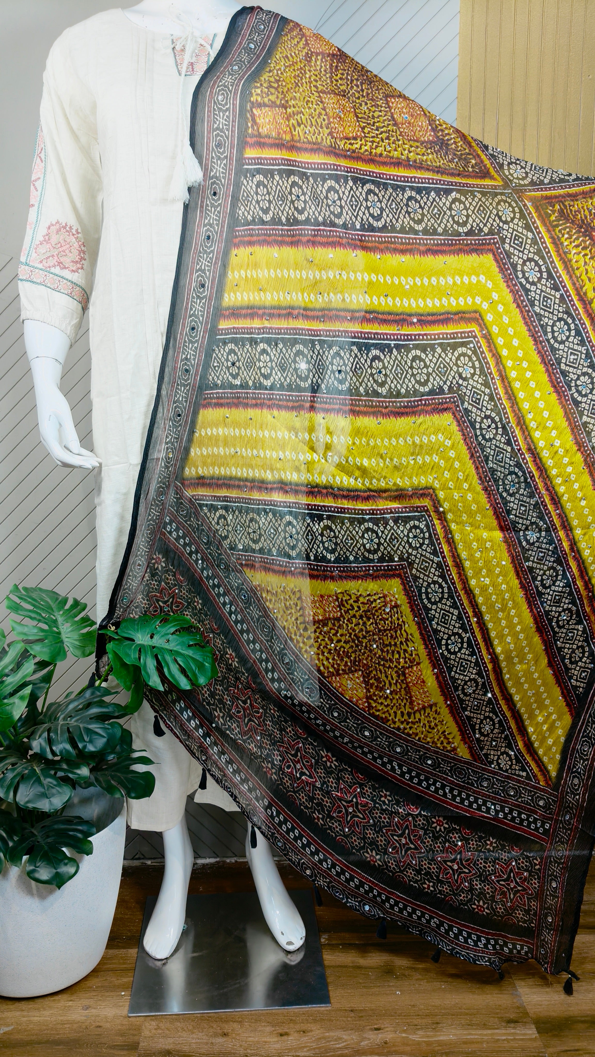 Ajrakh crush Georgette Mirror work Dupatta | DUPA1212